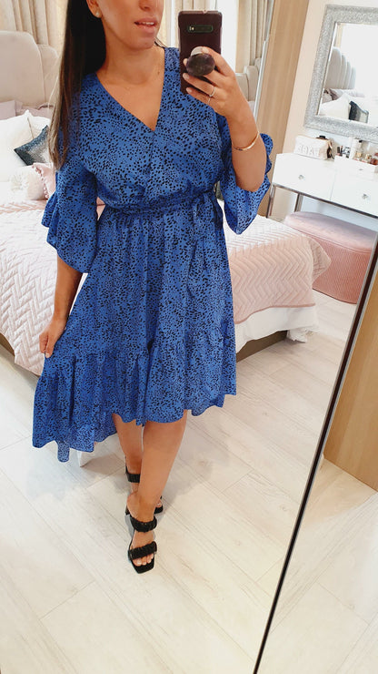 Inesa Royal Blue Wrap Frill Tie Waist Detailed Printed Dress