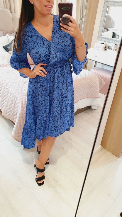 Inesa Royal Blue Wrap Frill Tie Waist Detailed Printed Dress