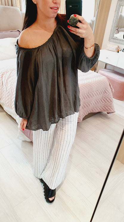 Martha Wide Sleeve Tie Back Linen Loose Fit Top