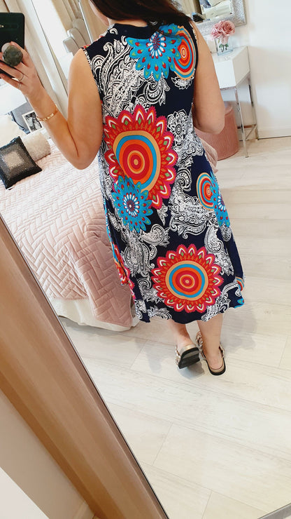 Malvina Mandala Print Scooped Hem Button Dress