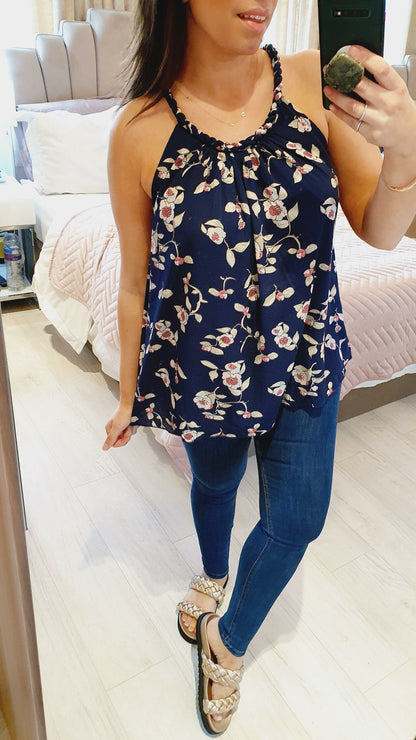 Tameka Navy Twist Detailed Floral Cami Top