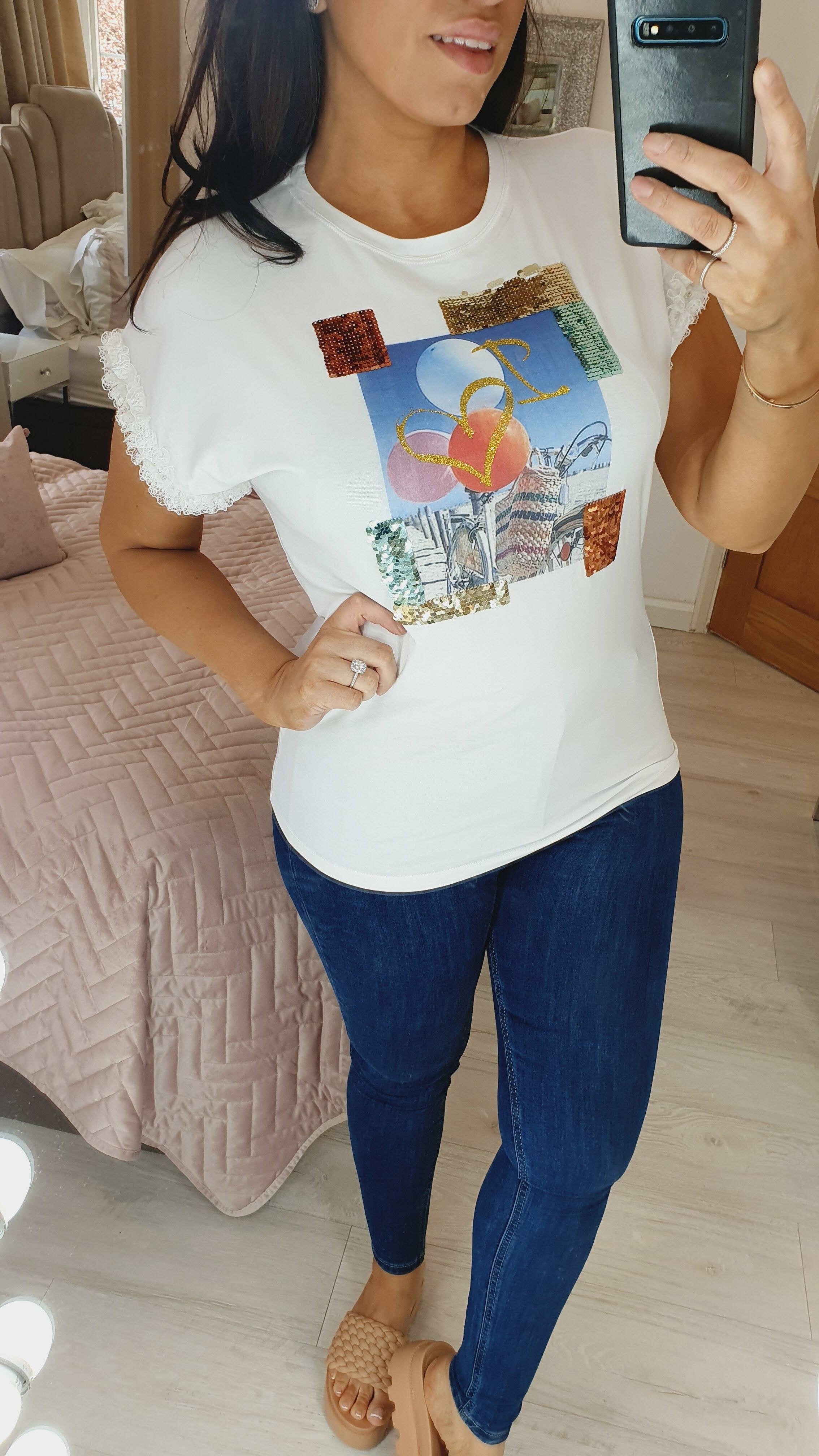 Monique Sequin Picture Slogan Lace Frill Sleeve T-shirt