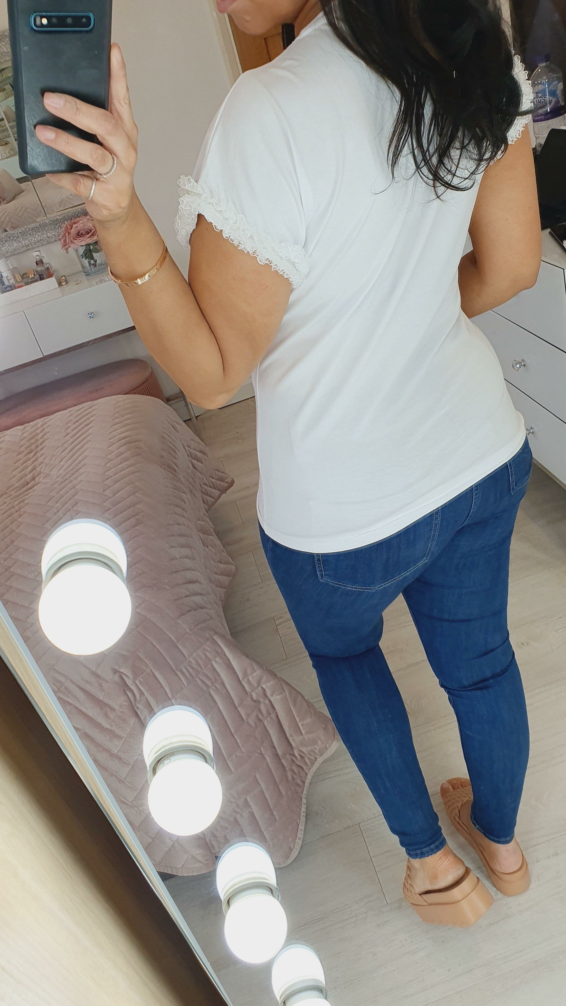 Monique Sequin Picture Slogan Lace Frill Sleeve T-shirt