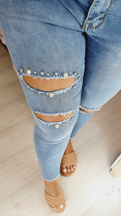 Lilian Pearl Diamante Detailed Ripped Skinny Jeans