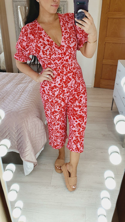 Britt Floral Print Pink And Red Cropped Puff Sleeve Jumpsuit