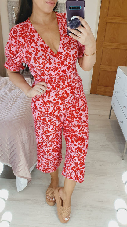 Britt Floral Print Pink And Red Cropped Puff Sleeve Jumpsuit