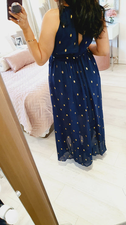 Terry Gold Polka Print Key Hole Halter Neck Maxi Dress