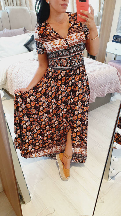 Harizi Black Floral Print Button Swing Maxi Dress
