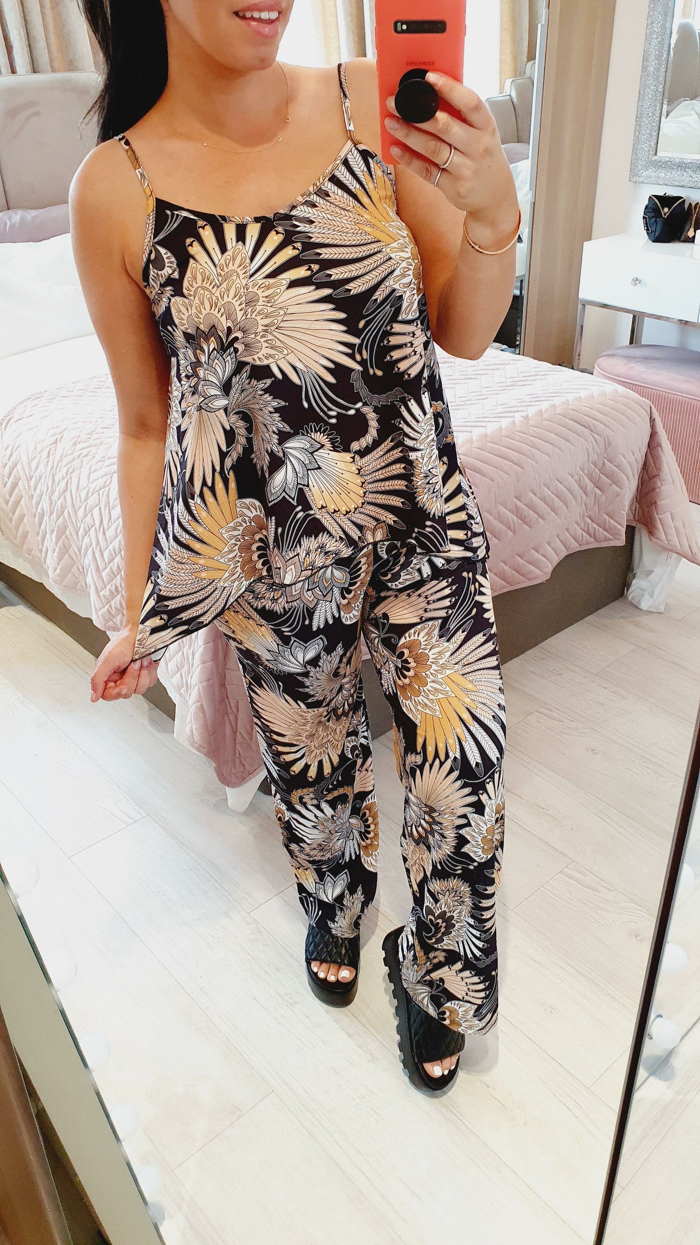 Fanando Feather Printed Cami Wide Leg Trouser Co-ord Set