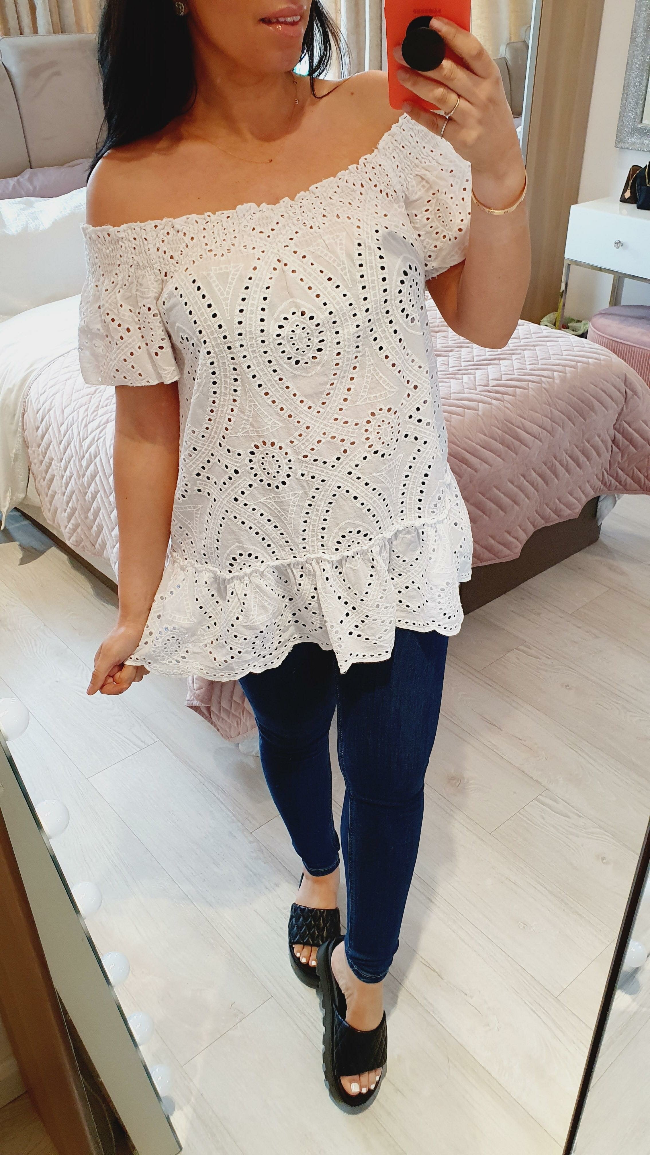 Tiffany Crochet Detailed Bardot Top