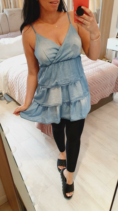 Jamima Ruffle Detailed Cross V-neck Denim Top