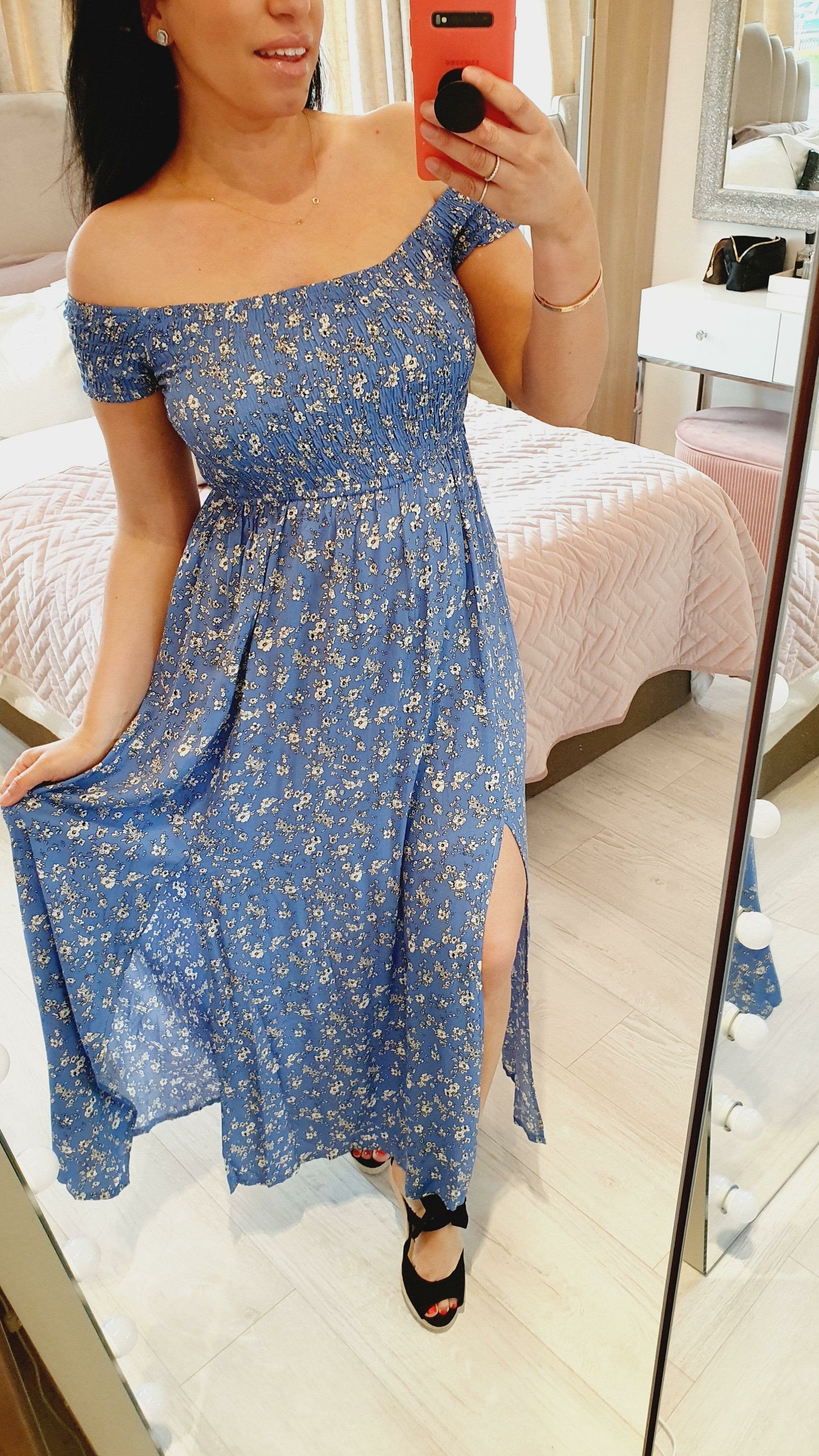 Lewis Blue Floral Print  Elasticated Split Maxi Dress