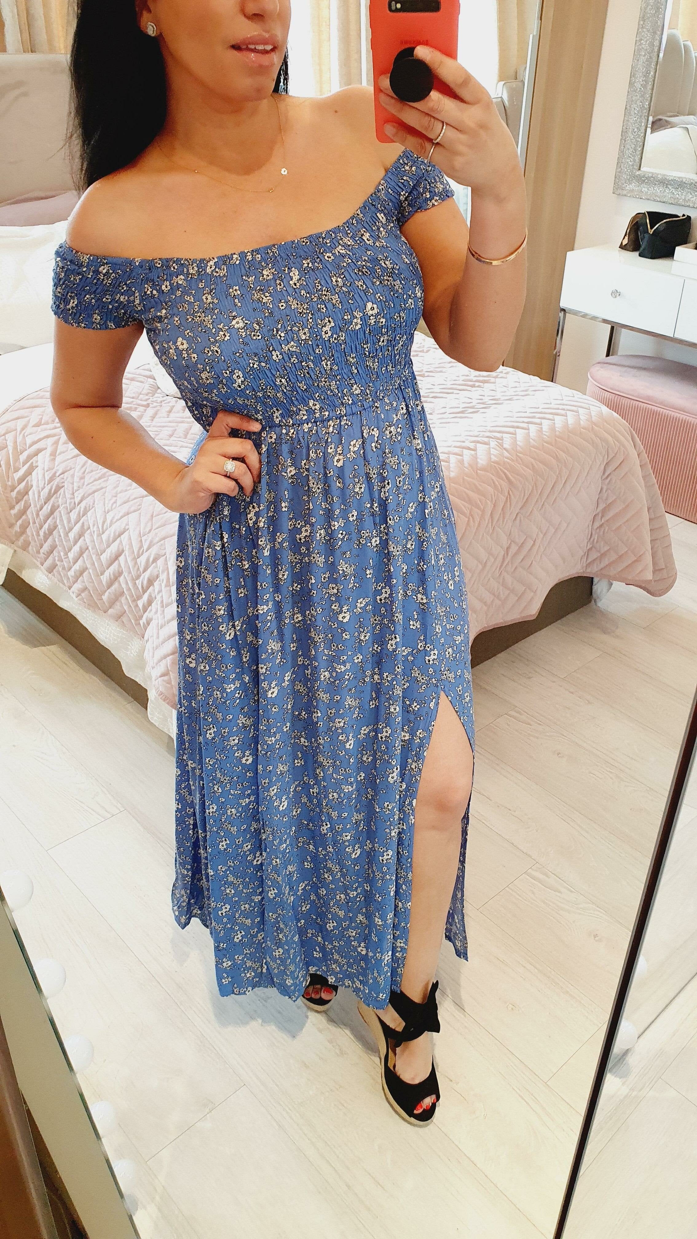 Lewis Blue Floral Print  Elasticated Split Maxi Dress