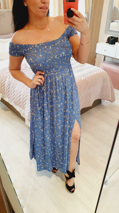 Lewis Blue Floral Print  Elasticated Split Maxi Dress