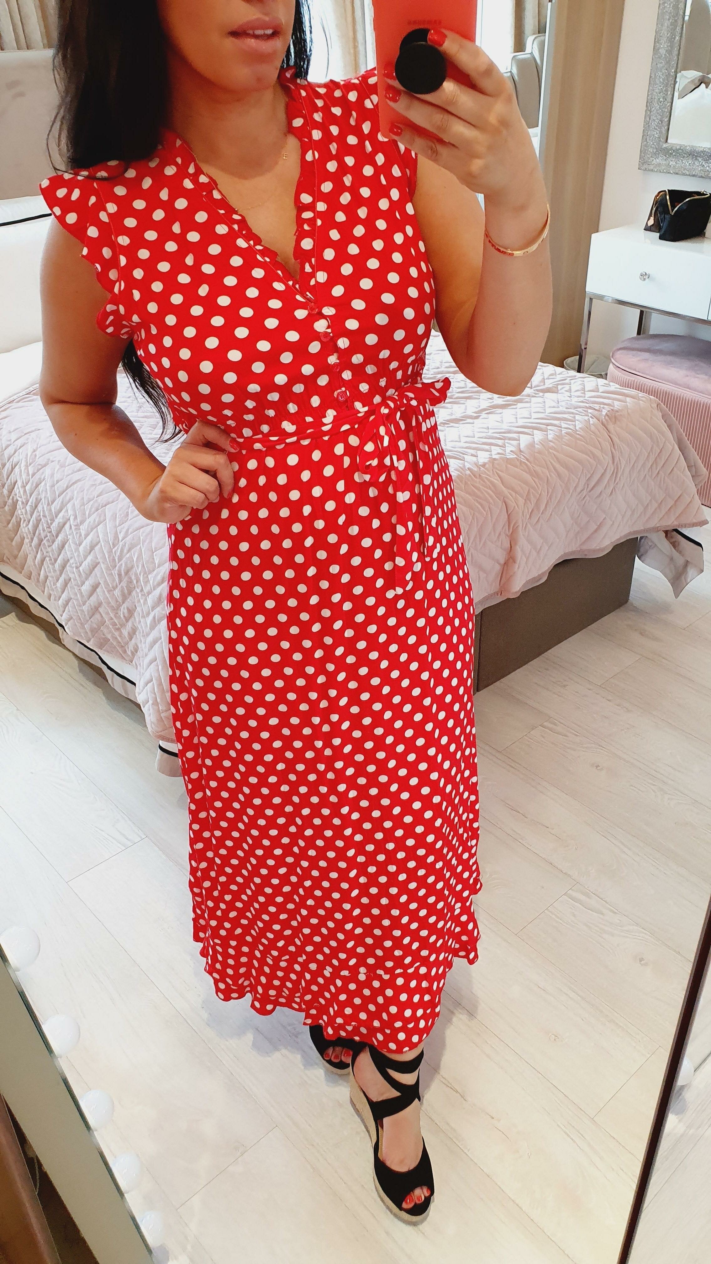 Altonio Red Polka Dot Tie Waist Maxi Dress