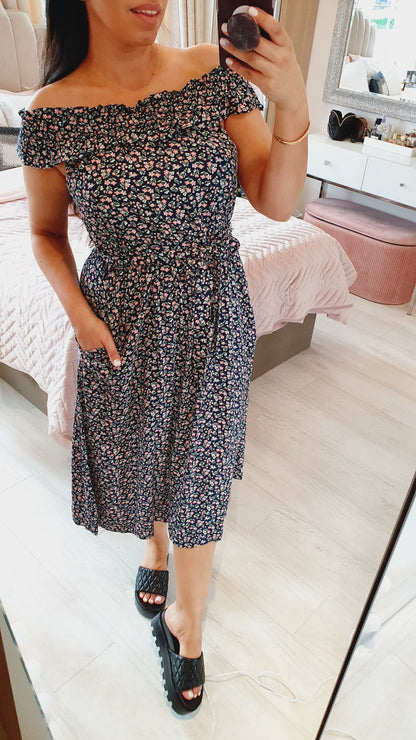 Trina Paisley Navy Elasticated Tie Waist Bardot Dress