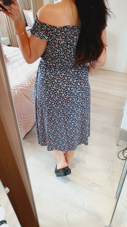 Trina Paisley Navy Elasticated Tie Waist Bardot Dress
