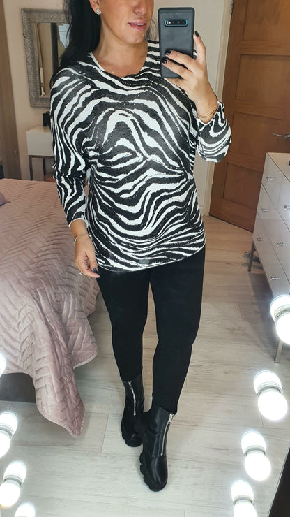 Mckenzo Zebra Studded Print Detailed  BatwingKnit Jumper