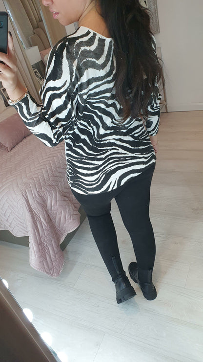 Mckenzo Zebra Studded Print Detailed  BatwingKnit Jumper