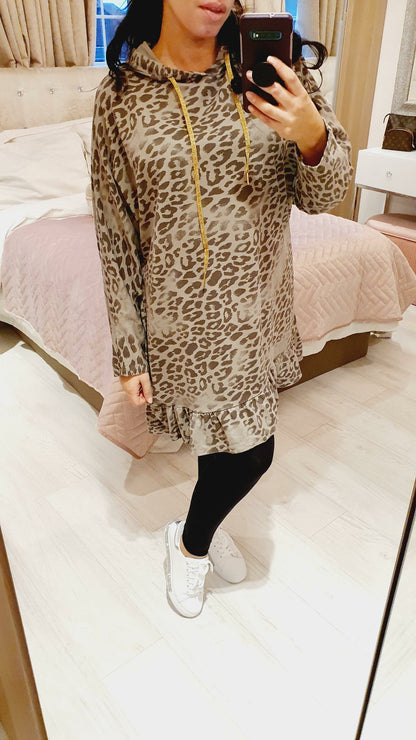 Rosabella Leopard print Frill Hem Hooded Sweatshirt