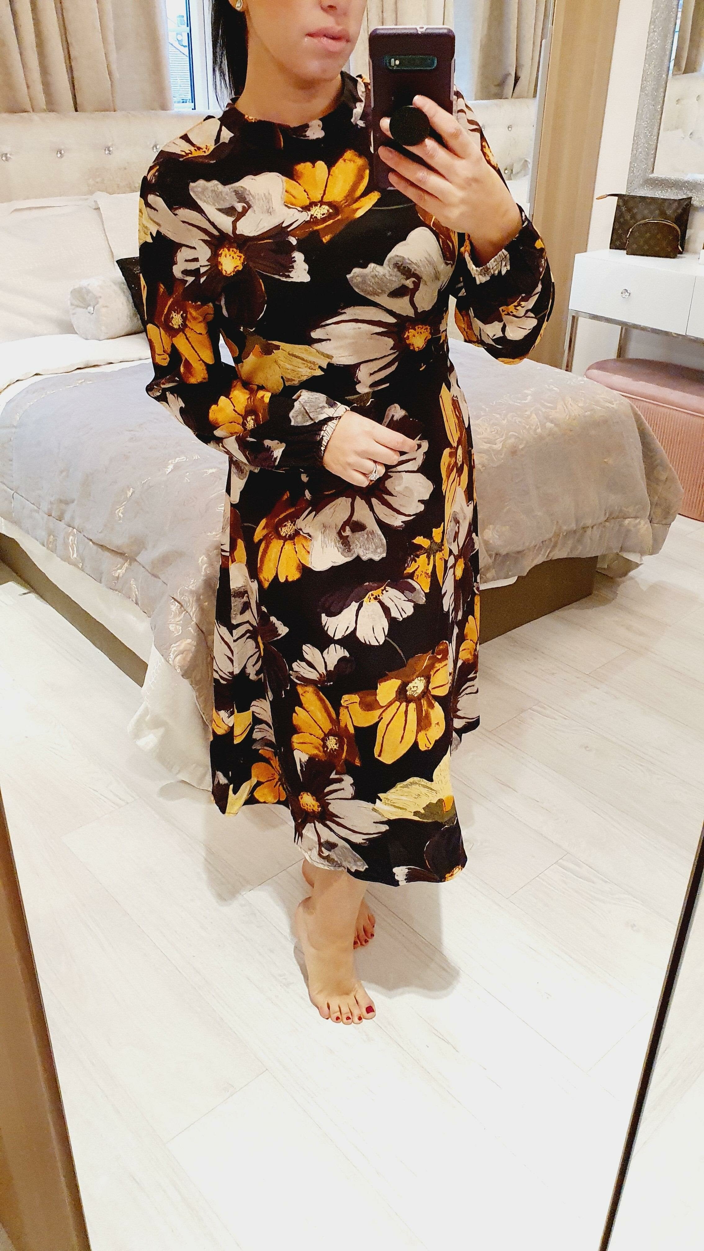 Marsella Mustard Floral Printed Midi Swing Dress