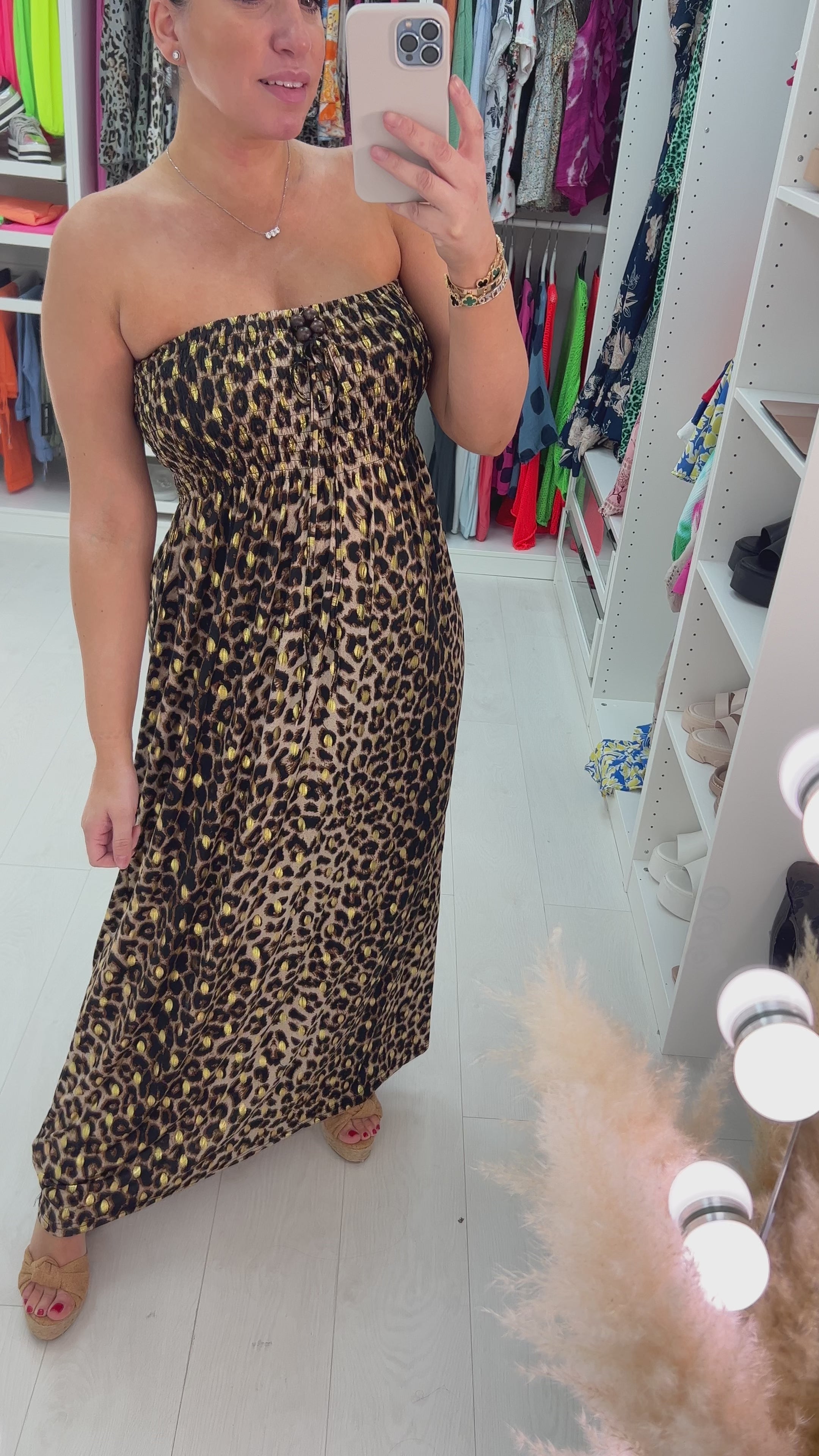 Load video: Bergamo Tan Leopard Print Elasticated Bust Maxi Dress