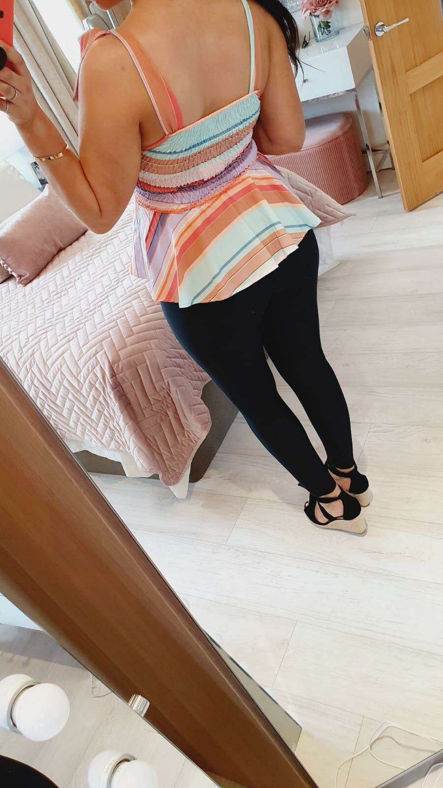 Greeda Striped Elasticated Tie Shoulder Peplum Cami Top