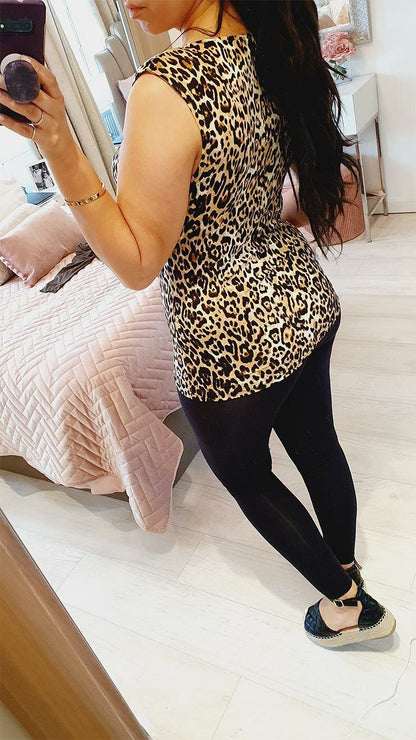 Diem Leopard Padded Shoulder Detail Square Neck Vest Top