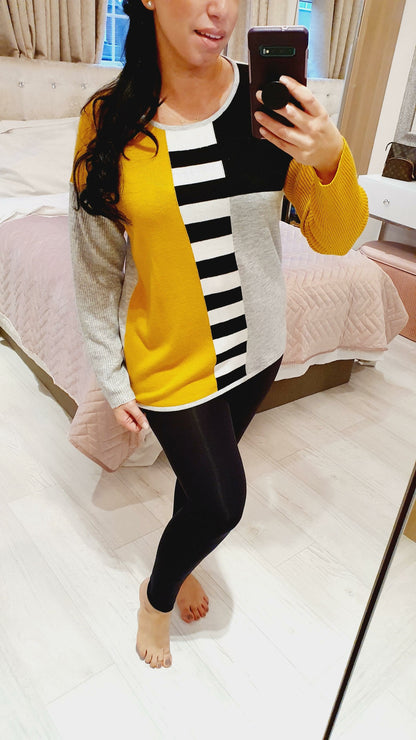 Gabbie Mustard Ribbed Stripe Detail Thin Knit Jumper