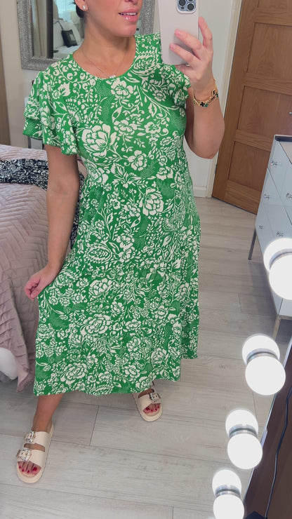 Dale Floral Print Ruffle Sleeve Tiered Midi Dress