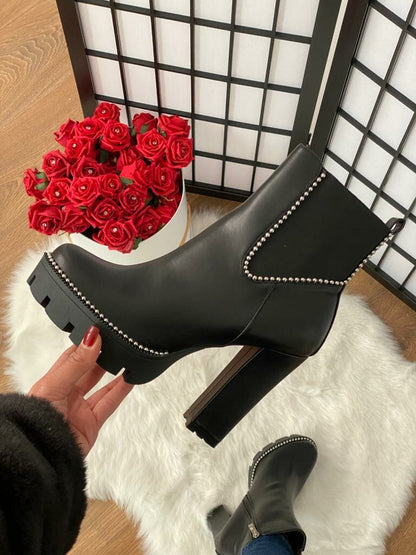 Gallery Black Faux Leather Studded Heel Boots