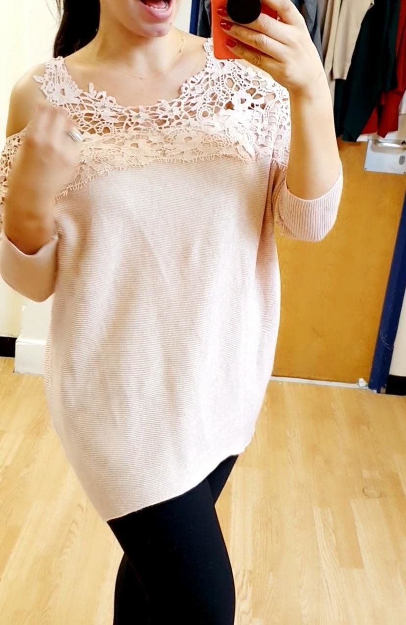 Maxinie Crochet Studded Cold Shoulder Ribbed Knit Jumper