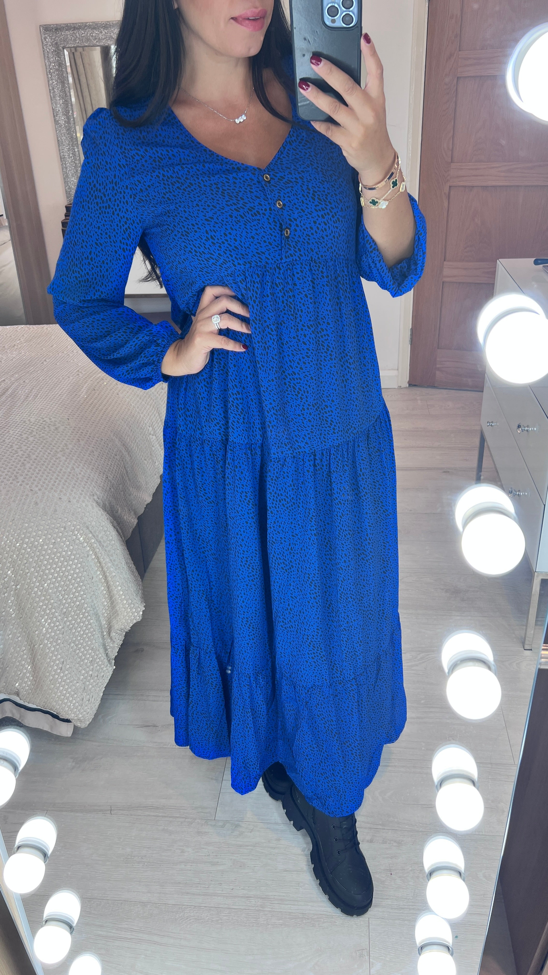 Westley Royal Blue Cheetah Print Smock Maxi Dress