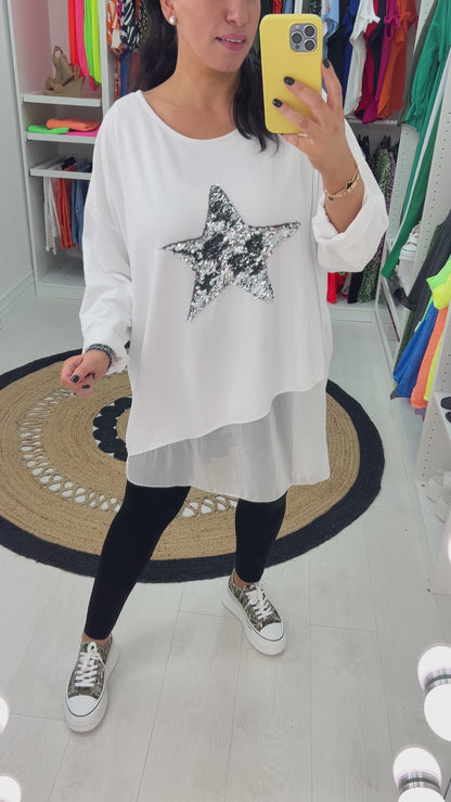 Malin Asymmetric Chiffon Sequin Star Sweatshirt