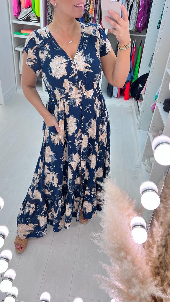 Lois Navy Floral Print Frill Hem Maxi Dress