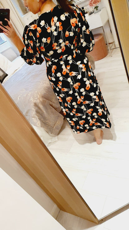 Kiran Floral Black Elasticated Puff Sleeve Midi Dress