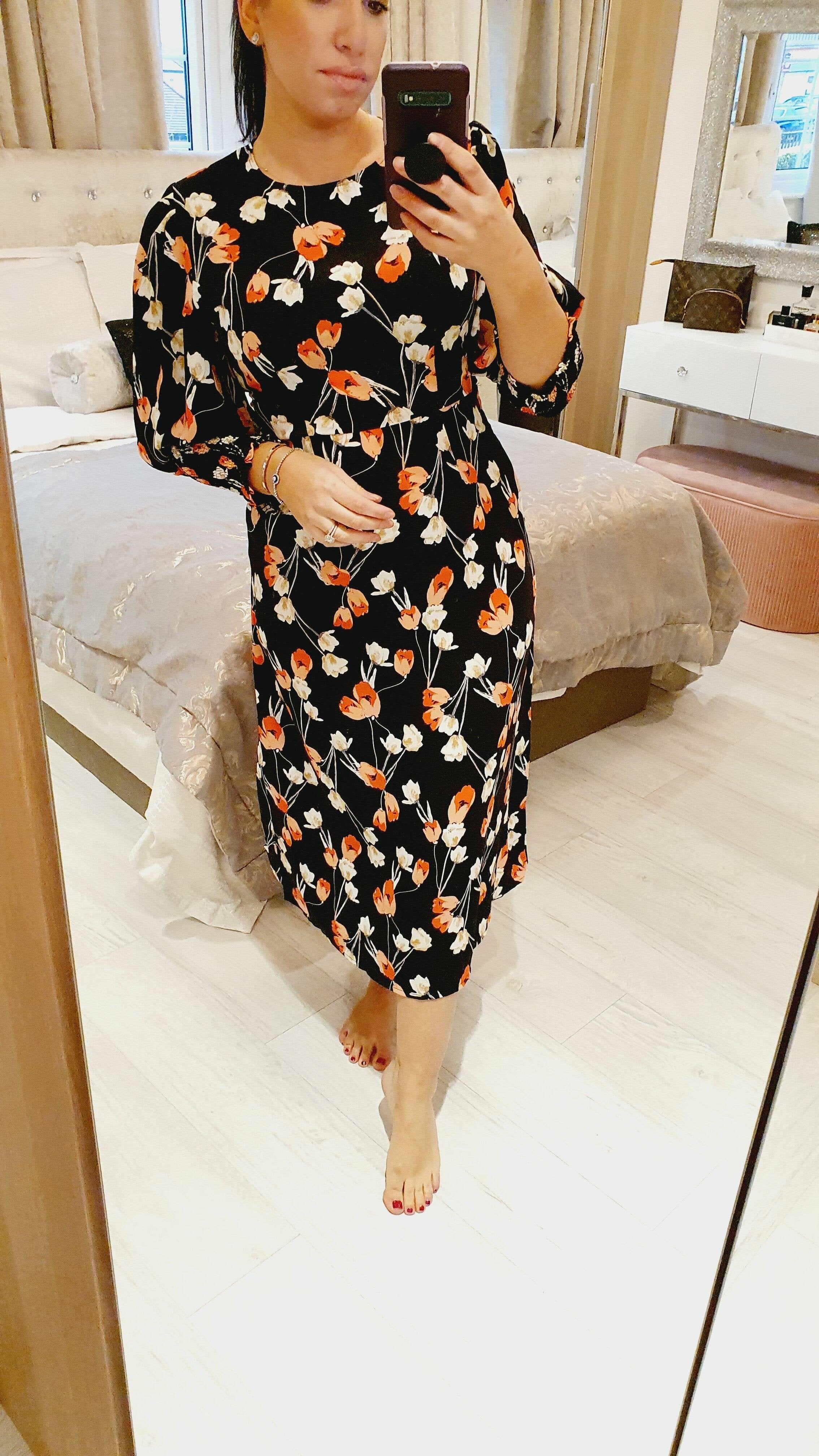 Kiran Floral Black Elasticated Puff Sleeve Midi Dress