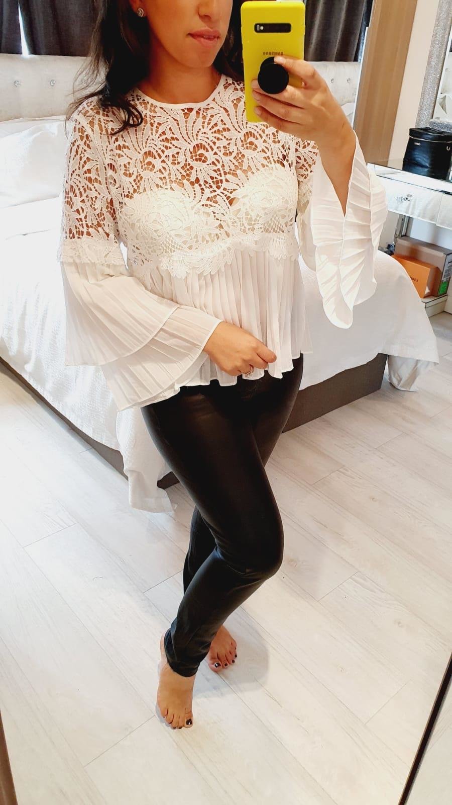 Nicole Crochet Pleated Flared Sleeve Loose Fit Blouse