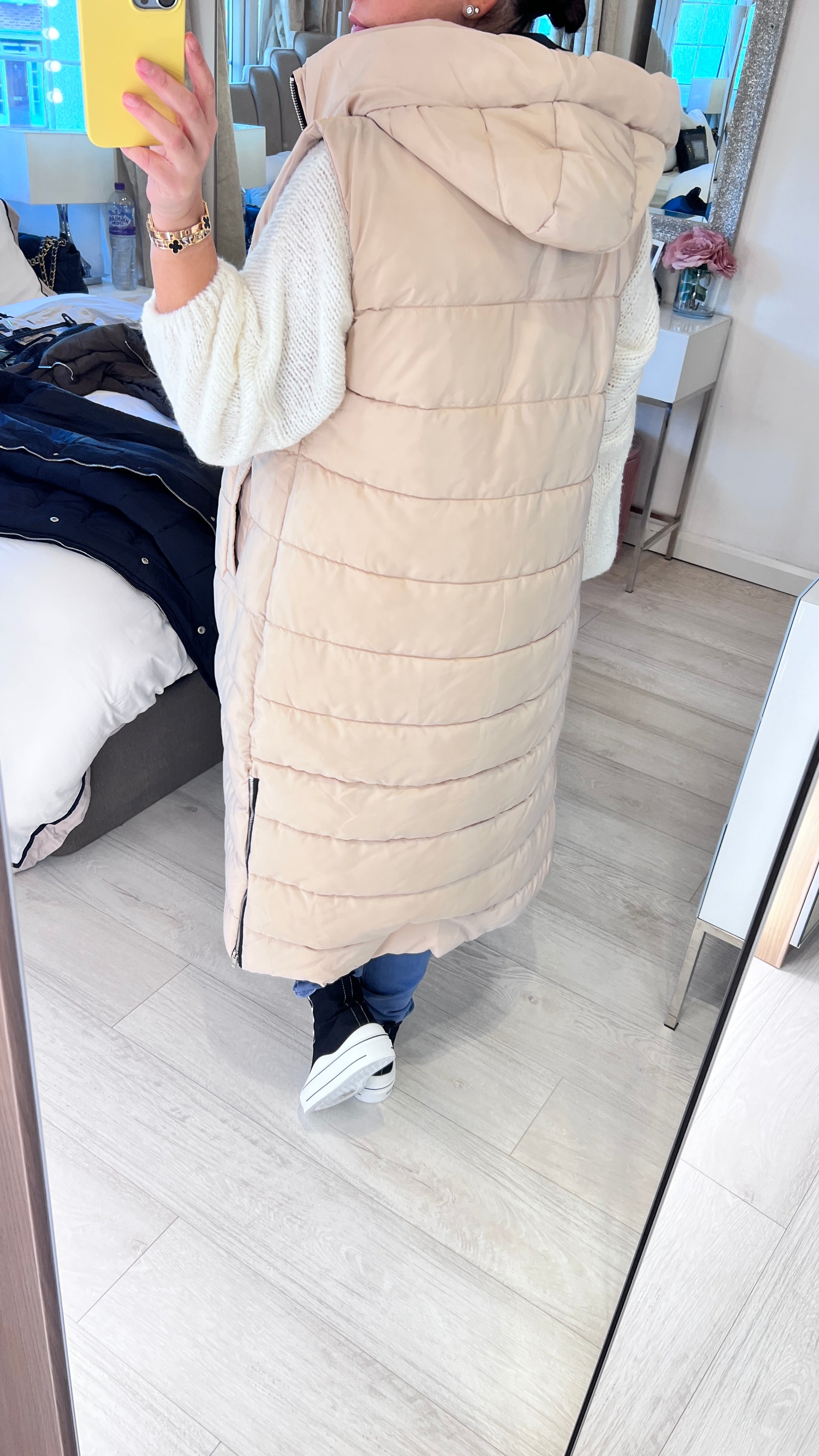 Ellison Beige Hooded Longline Puffer Gilet