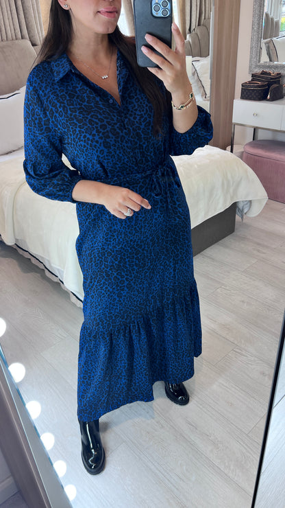 Cheers Royal Blue Leopard Print Maxi Shirt Dress