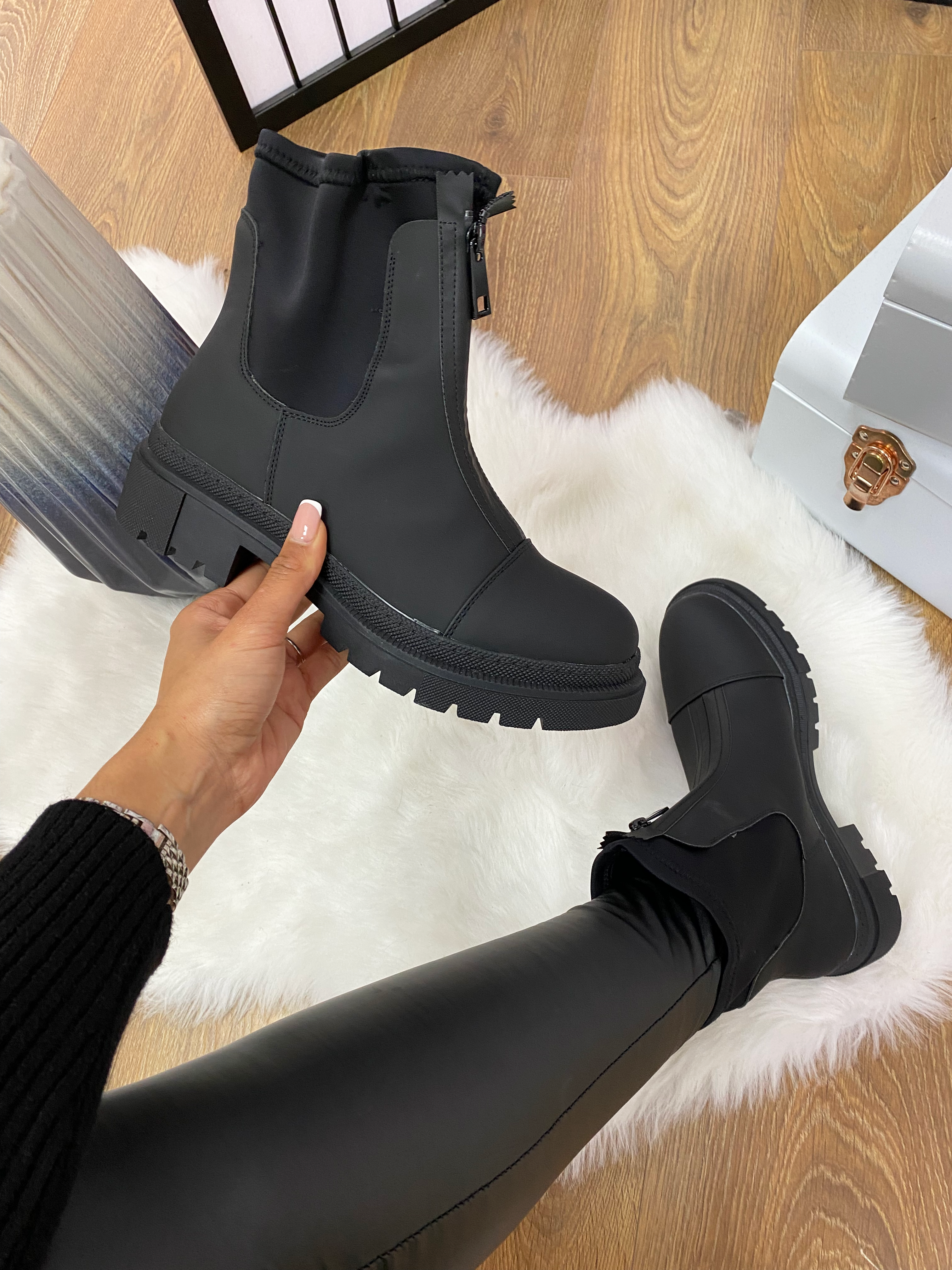 Dover Black Rubber Zip Front Biker Boots BowsBoutiques