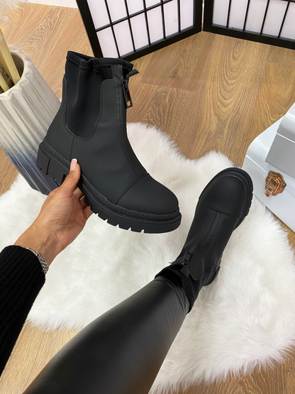 Dover Black Rubber Zip Front Biker Boots