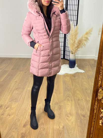 Kenley Pink Faux Fur Hooded Belt Coat