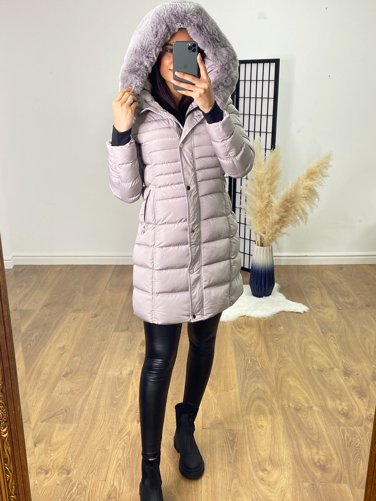 Women's Beige Puffer Padded Coat With Faux Fur Hood And Belt