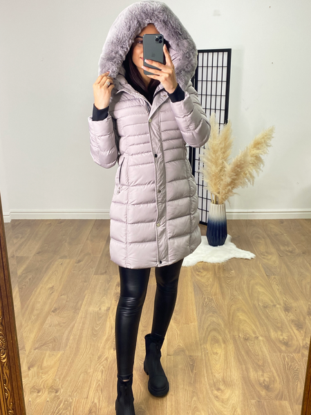 Grey quilted coat with fur hood discount