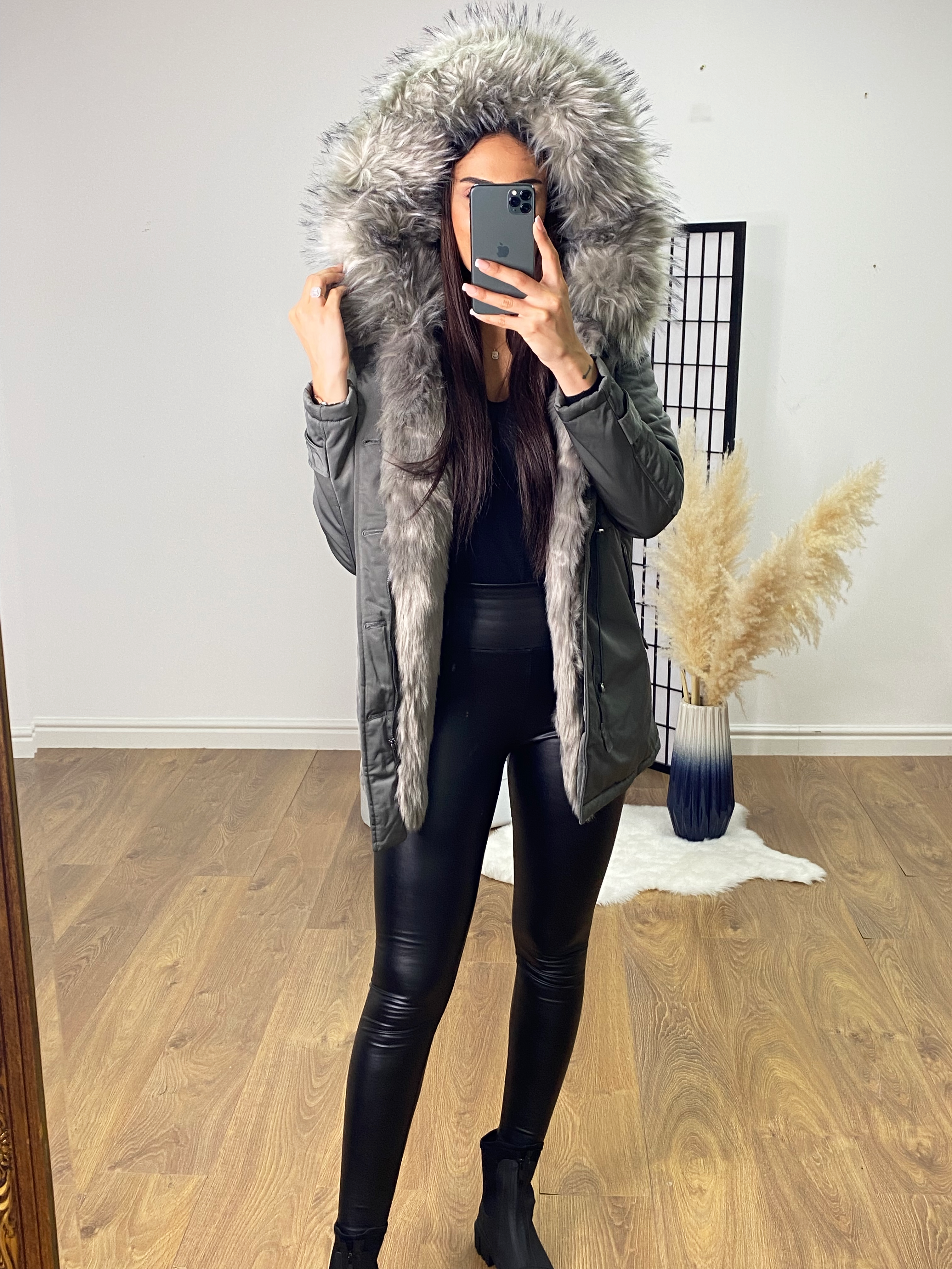 Larissa grey faux 2025 fur hooded coat