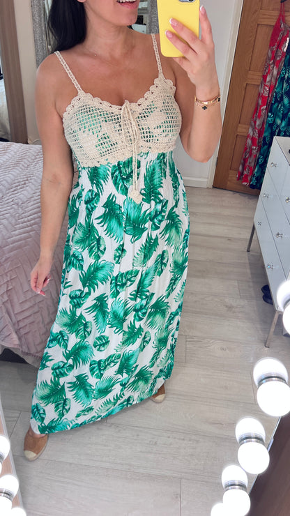 Marbella Crochet Bust Fern Print Maxi Dress