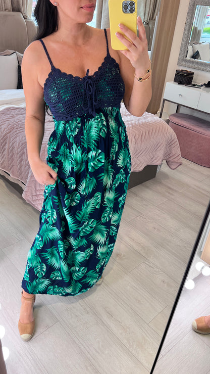 Marbella Crochet Bust Fern Print Maxi Dress