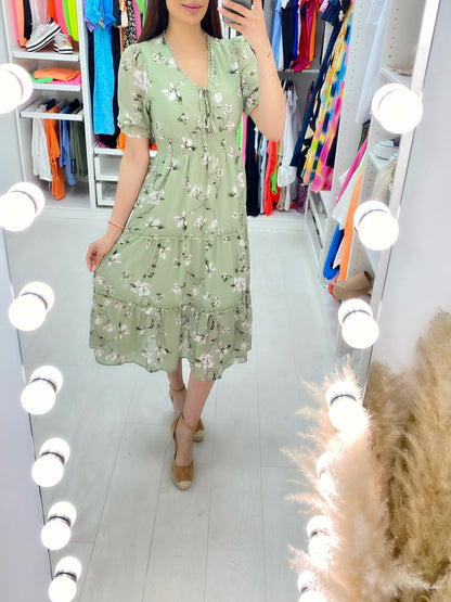 Alani Sage Chiffon Flower Stem Midi Dress