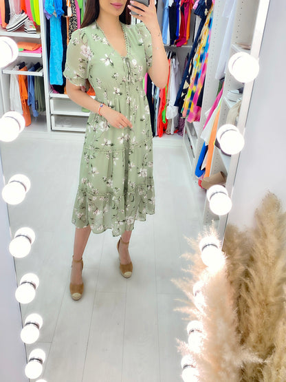 Alani Sage Chiffon Flower Stem Midi Dress